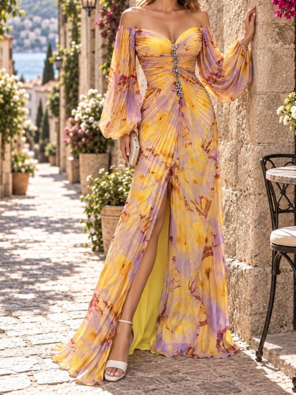 Yellow Boho Women's Off-Shoulder Split Maxi Dress - Picture 4 of 7